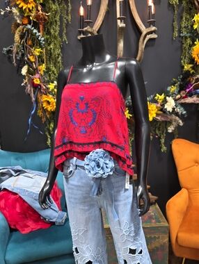 Free People Red Patterned Spaghetti-Strap Cropped Camisole Tank